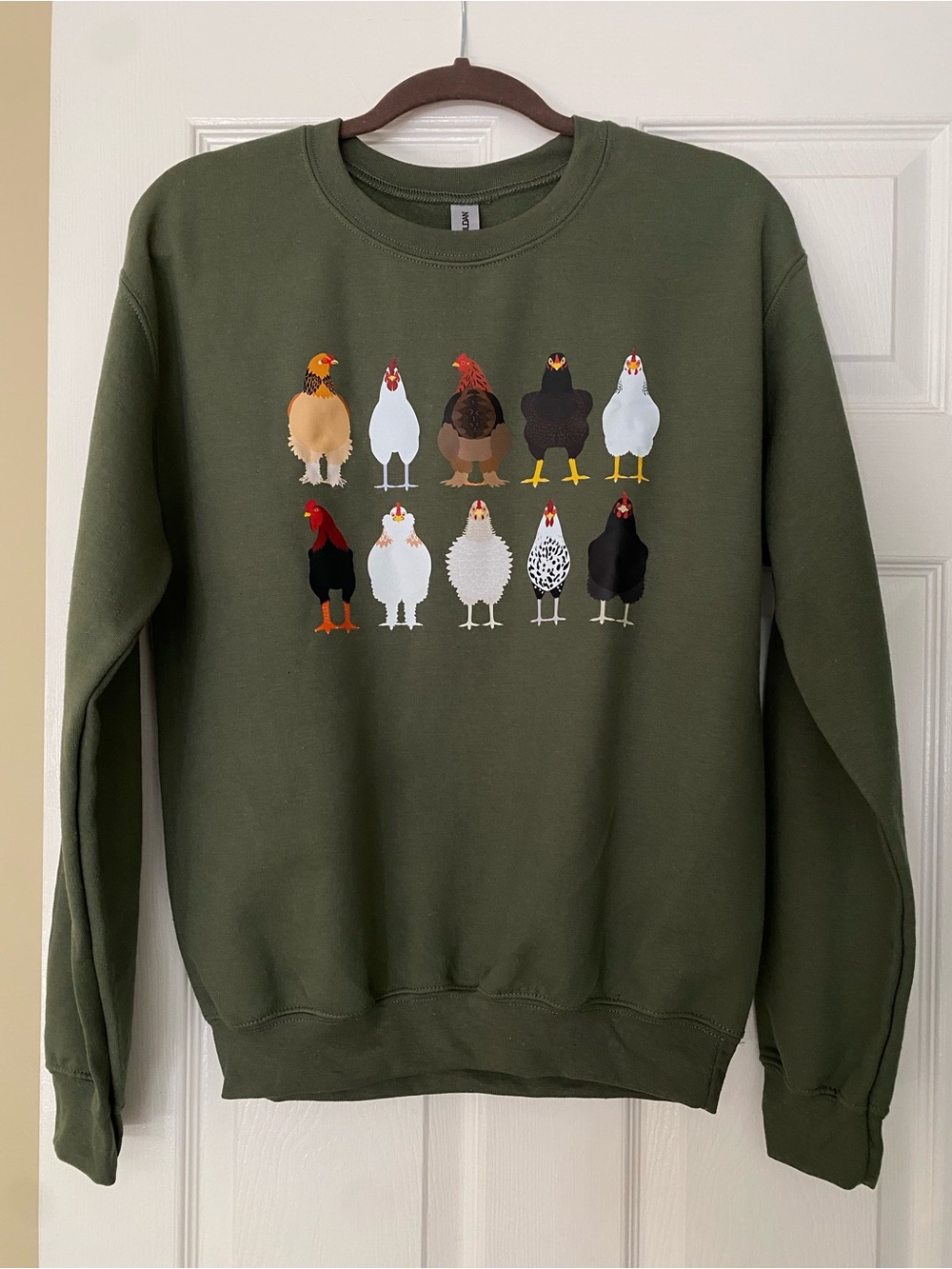 Gildan Olive Green Crewneck Sweatshirt with Chicken Graphic